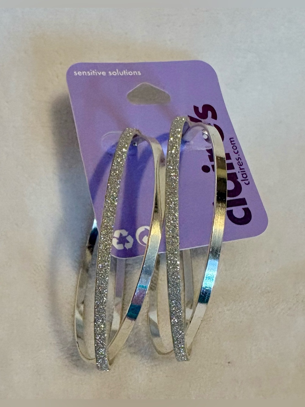 Claire's Silver Glitter & Smooth Earrings- 3 Inch Hoop